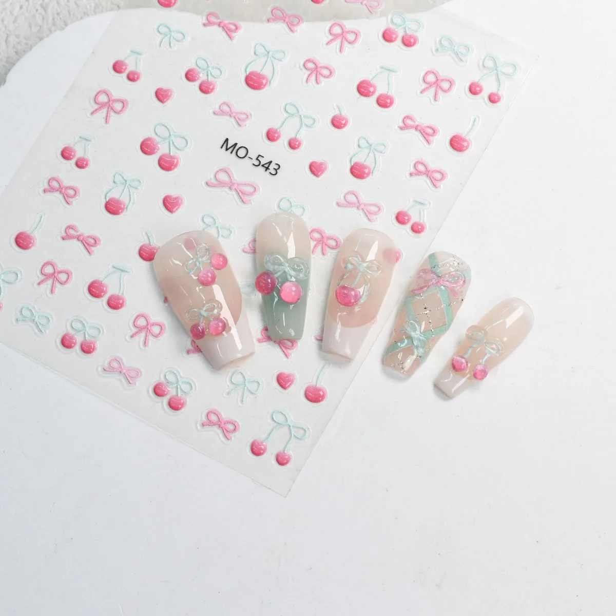 1 stks 3D Mint Cherry Strik Verse Jelly Nail Charm Stickers Reliëf Slider Decals Zomer Zelfklevende Manicure Decoratie