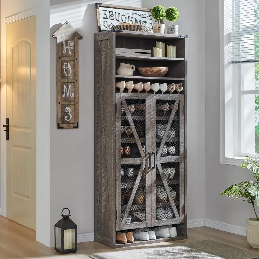 خزانة أحذية المزرعة، خزانة تخزين أحذية طويلة مع أرفف قابلة للتعديل ومكعبات مفتوحة، منظم أحذية خشبي صناعي، ريفي