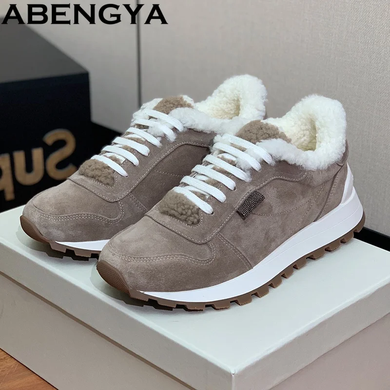 

Winter Casual Sneakers Women Casual Shoes Round Toe Lace Up String Bead Flat Shoes Wool Warm Sports Shoes Woman