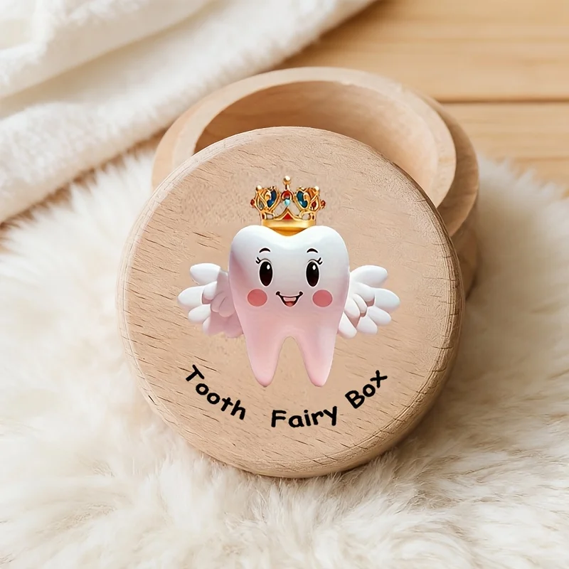

2D Children's Wooden Baby Tooth Storage Box White Teeth Colorful Crown Design Newborn Gift Idea Tooth Collection with Bow
