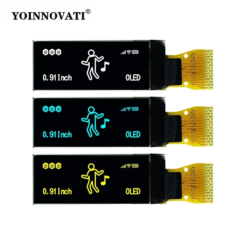 0.91-inch OLED Display Module - SSD1306 Driver, 128x32 Resolution, Monochrome (White/Blue/Yellow), I2C Interface, Bare Panel