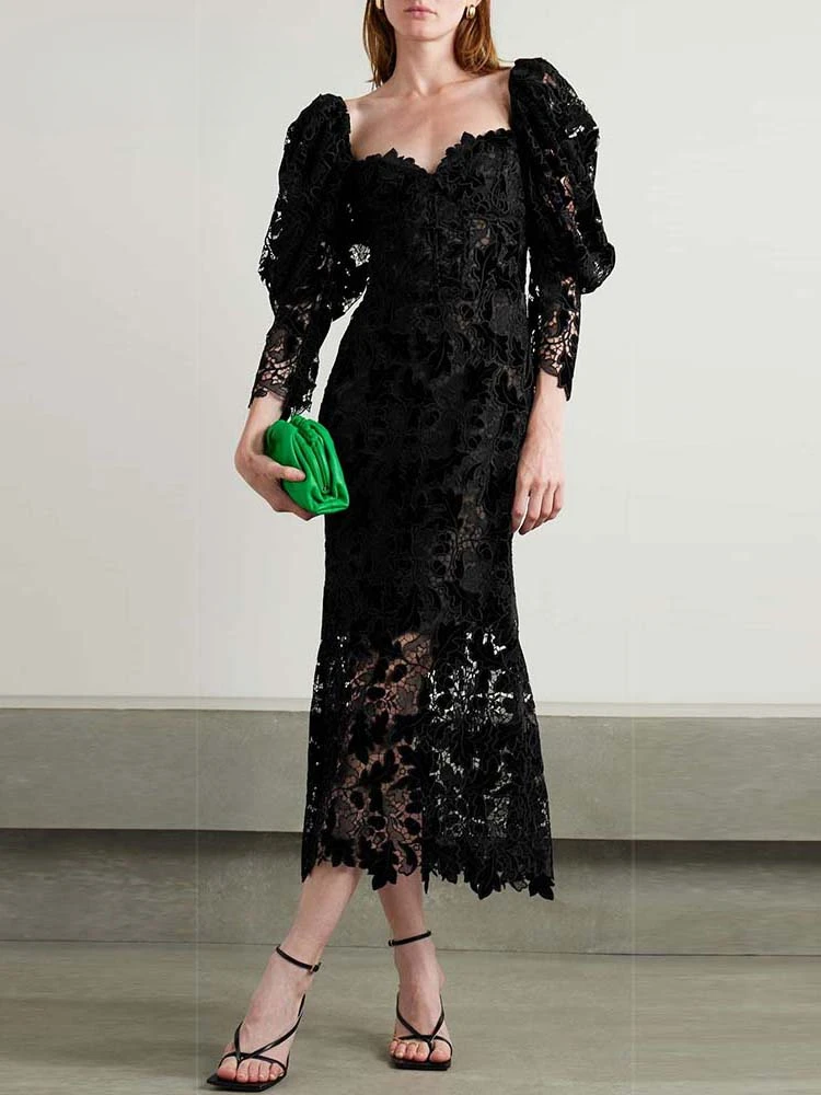 

2024 New Summer Women's High Quality Sexy Black V-neck Bubble Sleeve Tight Lace Midi Dress Elegant Celebrity Style Party Gown