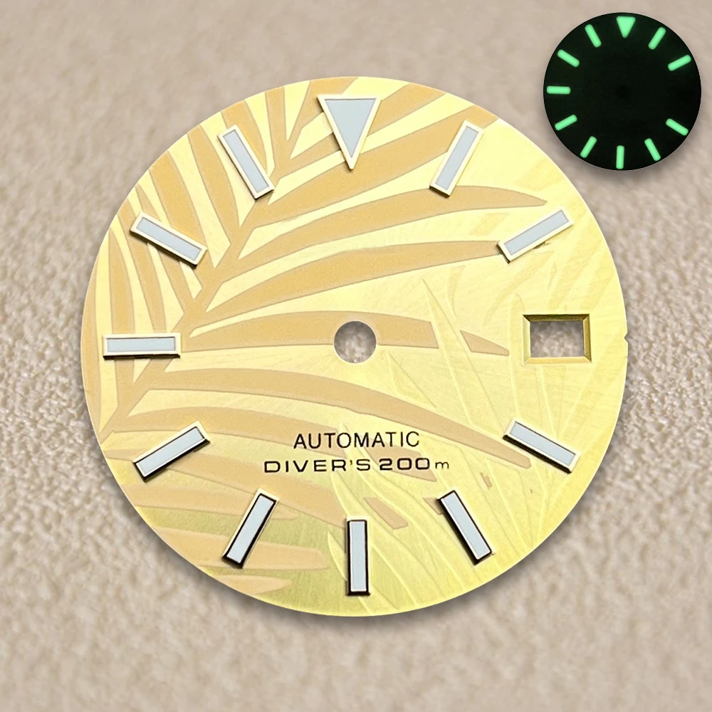 28.5mm High Quality S Logo NH35 Dial Bamboo Leaf Dial Suitable For NH35/NH36 Movement 3/3.8/4.2 O'clock Crown Green Lumens
