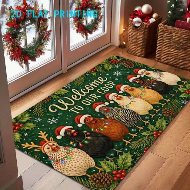 2D Flat Christmas Chicken Flock Welcome Doormat, Holiday Entry Mat, Non-Slip Mat Suitable for Home and Outdoor Decoration Carpet