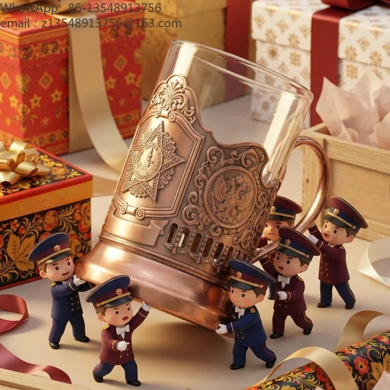 Retro Red Bronze Tea Cup Holder, Traditional Russian Style Cup Coaster, Vintage Collection Gift for Glass Tea Cup