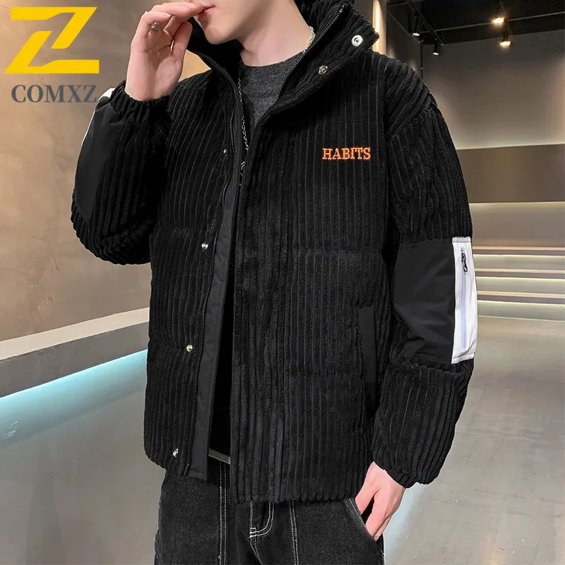 COMXZ Corduroy White Duck Down Thickened Windproof Warm Down Jacket Trend Stand Collar Lightweight High Street Fashion Garment