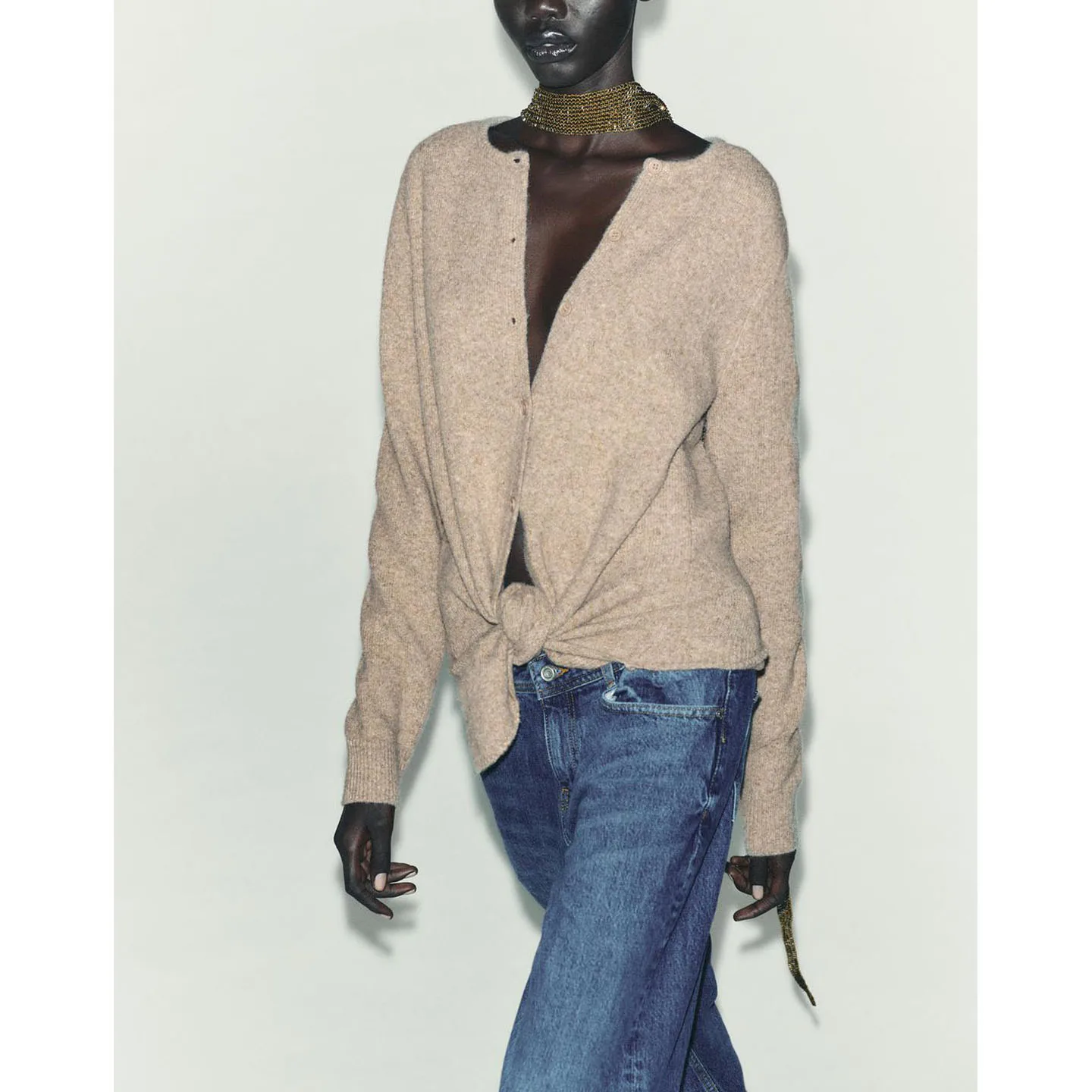 Autumn New Women's Knitted Long Sve round Ne Coat Button Decoration Polyester Fiber Loose Fit Sle French Sle Cardigan