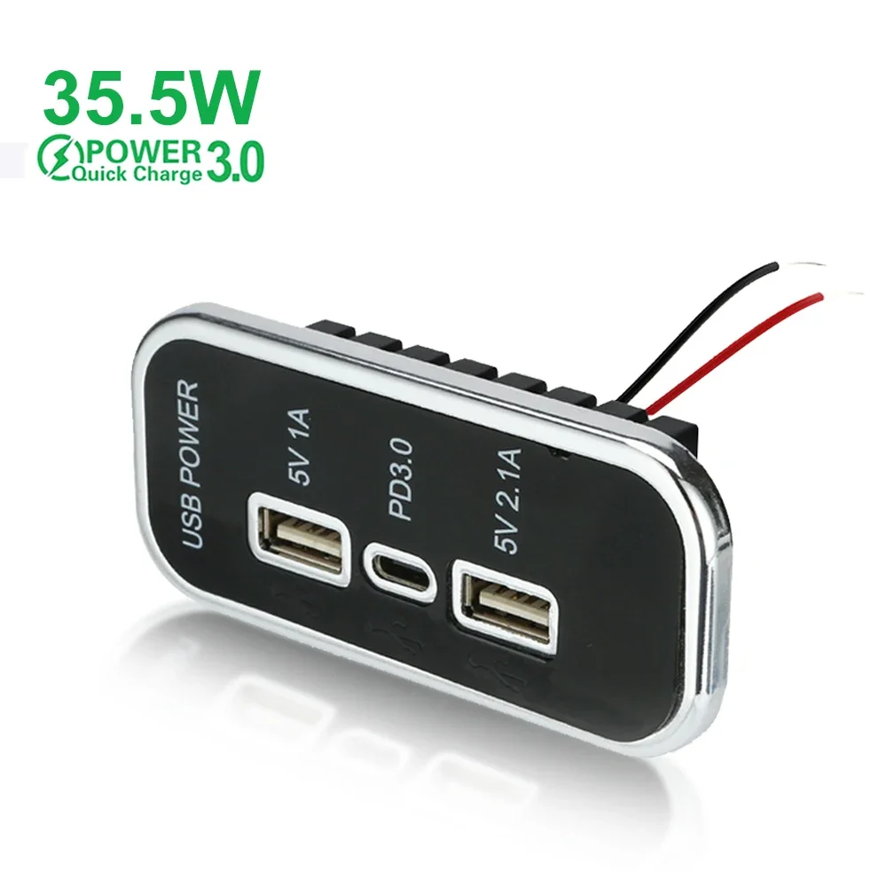 3 porty 35,5 W PD Type-C 2,1 A 1 A Gniazdo ładowarki samochodowej USB 12/24 V do motocykla Auto Truck ATV Boat RV Bus Zasilacz sieciowy