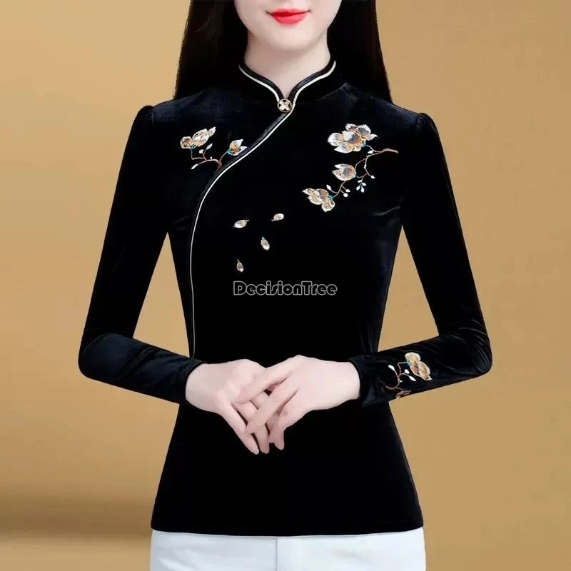 2024 classical temperament embroidery qipao top chinese style autumn winter thicken warm blouse fashionable versatile cotton top