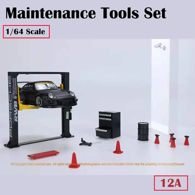 Diorama 1/64 Garage Maintenance Tools Set Alloy Die-Cast Model Car Display 12PCS/SET - Black 12A