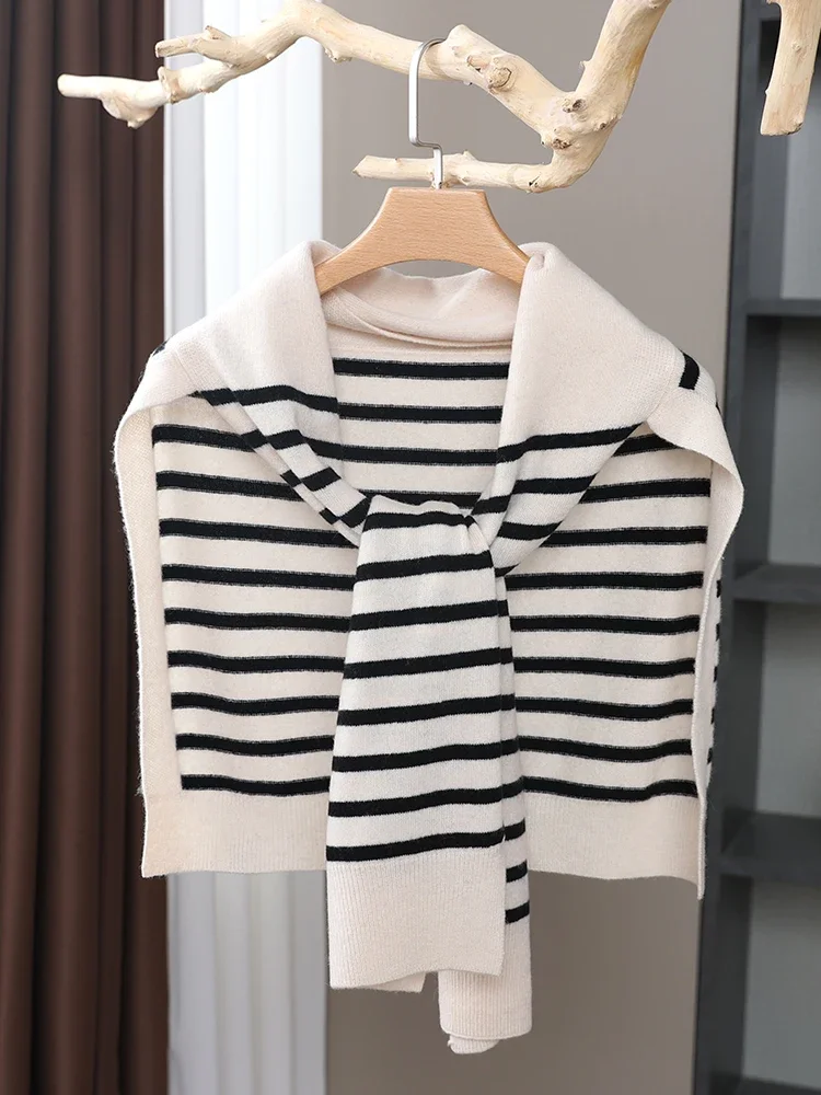 Knitted Stripes Wrap Shawl New Trend Women Perfect Pure Wool Imitate-Cardigan Cape Sleeved Neck Collar Scarf Warm Soft Light