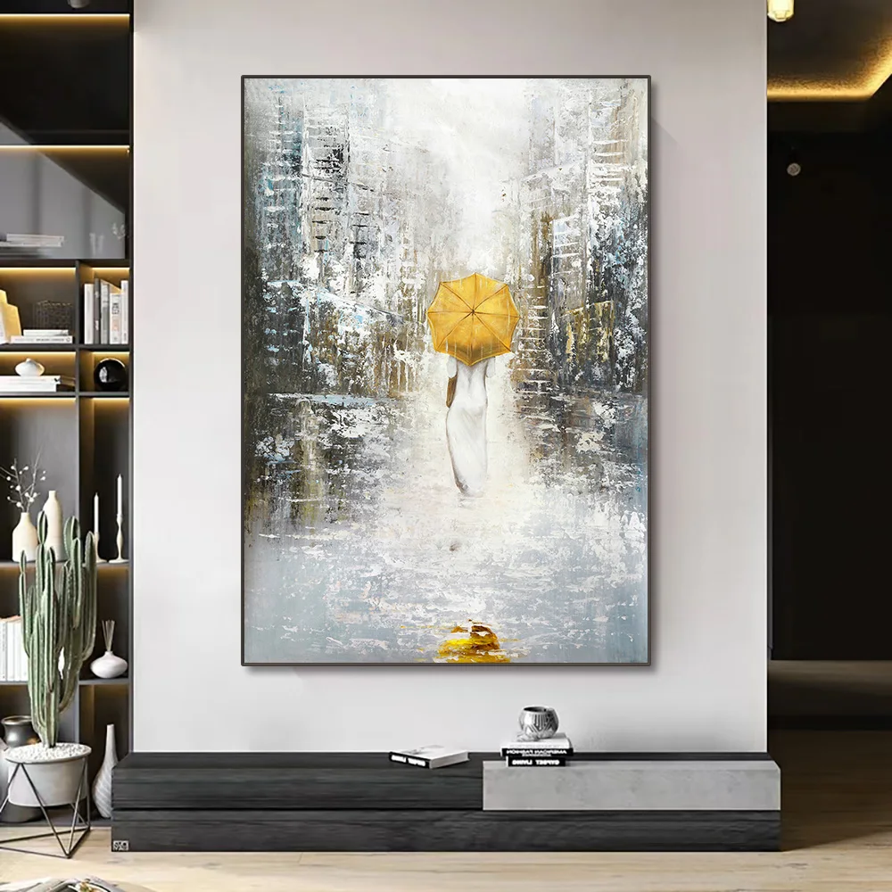 Rainy Walker Women with Yellow Umbrella Oil Painting Nordic Abstract Landscape Canvas Modern Wall Art for Office Home Decoration