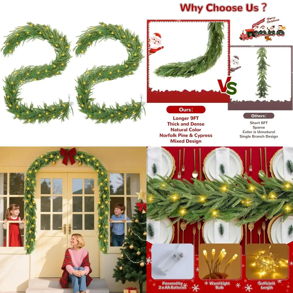 

9-футовая смешанная рождественская гирлянда Norfolk из сосны и кипариса с подсветкой, идеально подходит для внутреннего и наружного праздничного декора