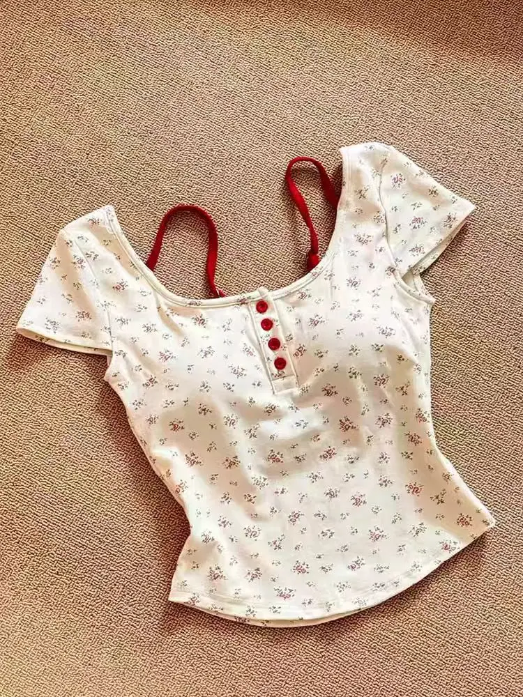 

Женская летняя модная футболка с цветочным принтом и коротким рукавом, топ BM Wind с подкладкой на груди, в стиле Pure Desire.