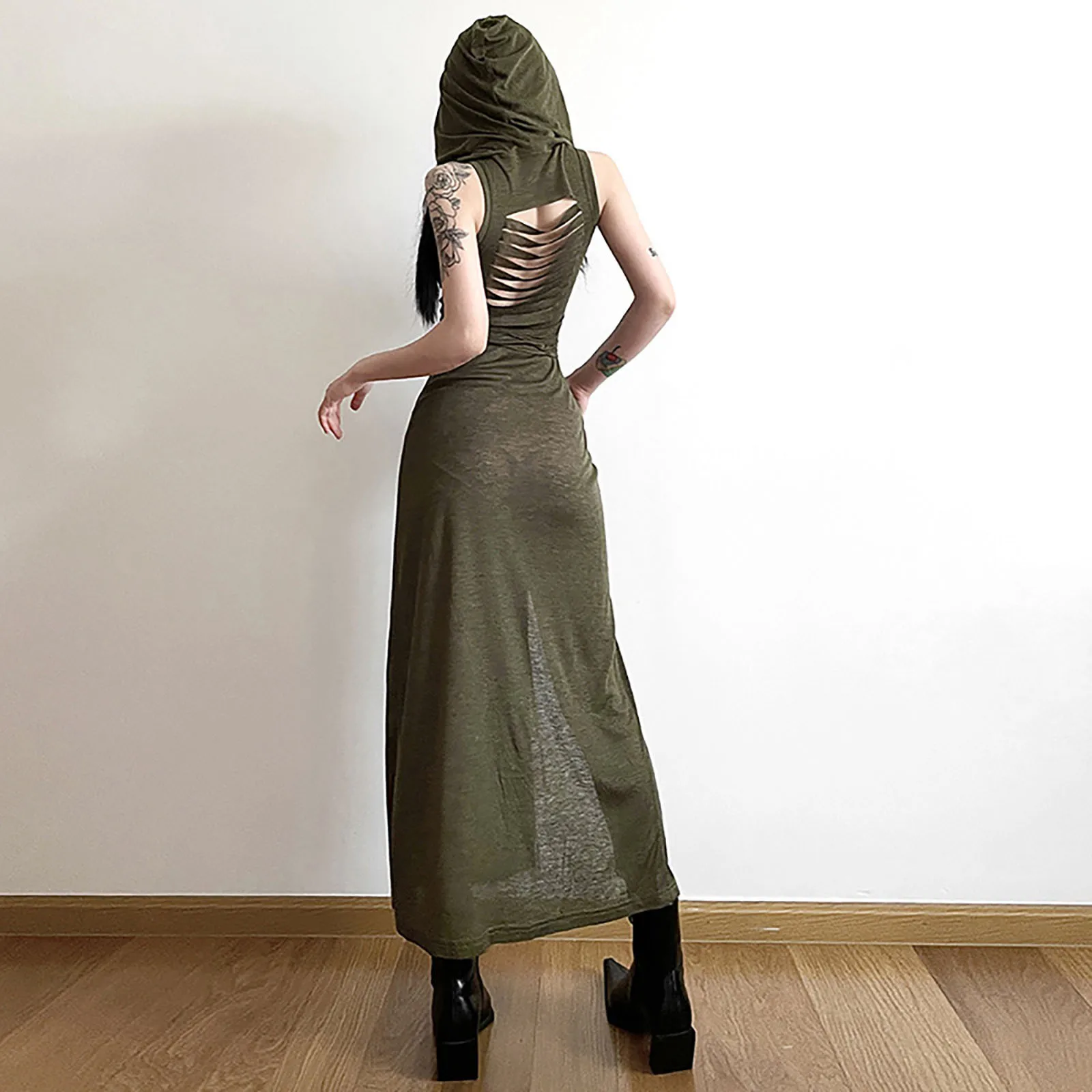 Gothic Sleeveless Hooded Dresses For Women Y2k Punk Grunge Hollow Out Dress High Street Sexy High Slit Bodycon Party Dresses