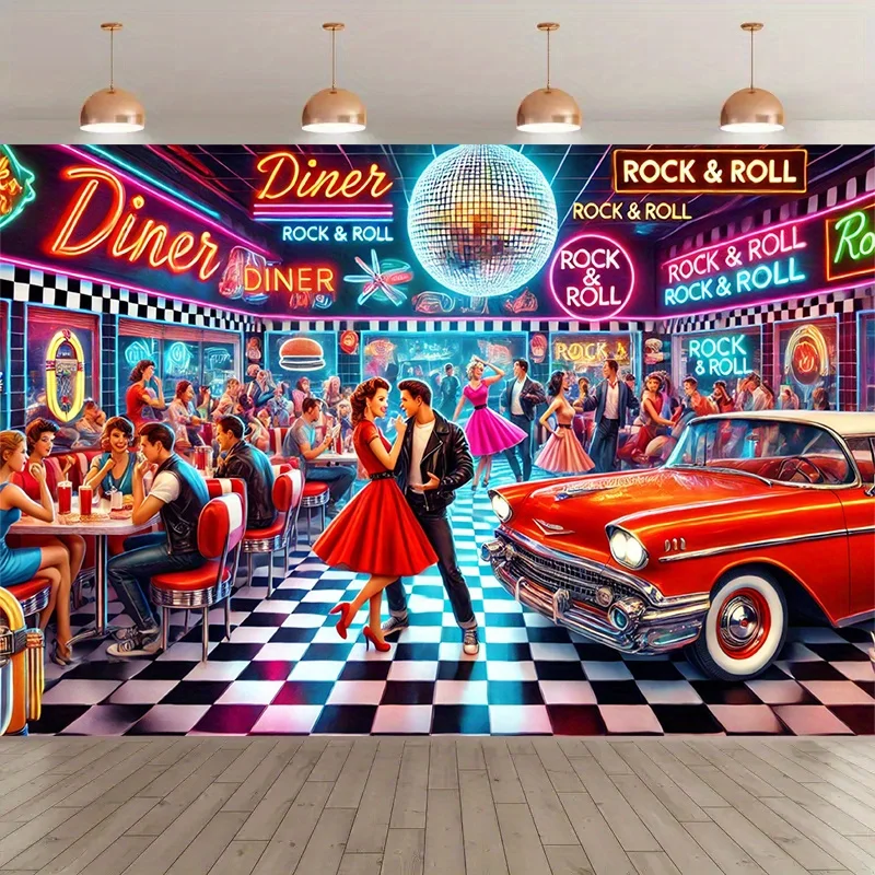1-Hintergrund für Vintage-Restaurantszenenfotografie – Felsthema, Vintage-Auto und kariertes Bodendesign, Felsdekoration