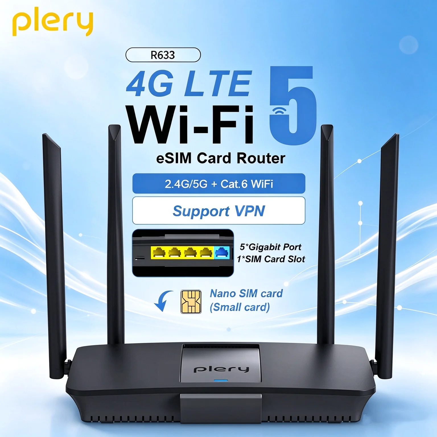 PLERY LTE Cat6 1200Mbps Sim Card Router WiFi5 Dual Band 2.4G /5.8G WiFi Signal Router Wireless Extender Amplifier Plug and Play
