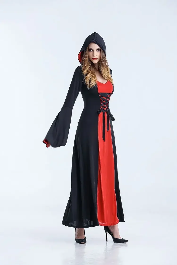 Renaissance Gothic Vampire Witch Costume Adult Fantasia Halloween Witch Hooded Fancy Party Masquerade Long Dress