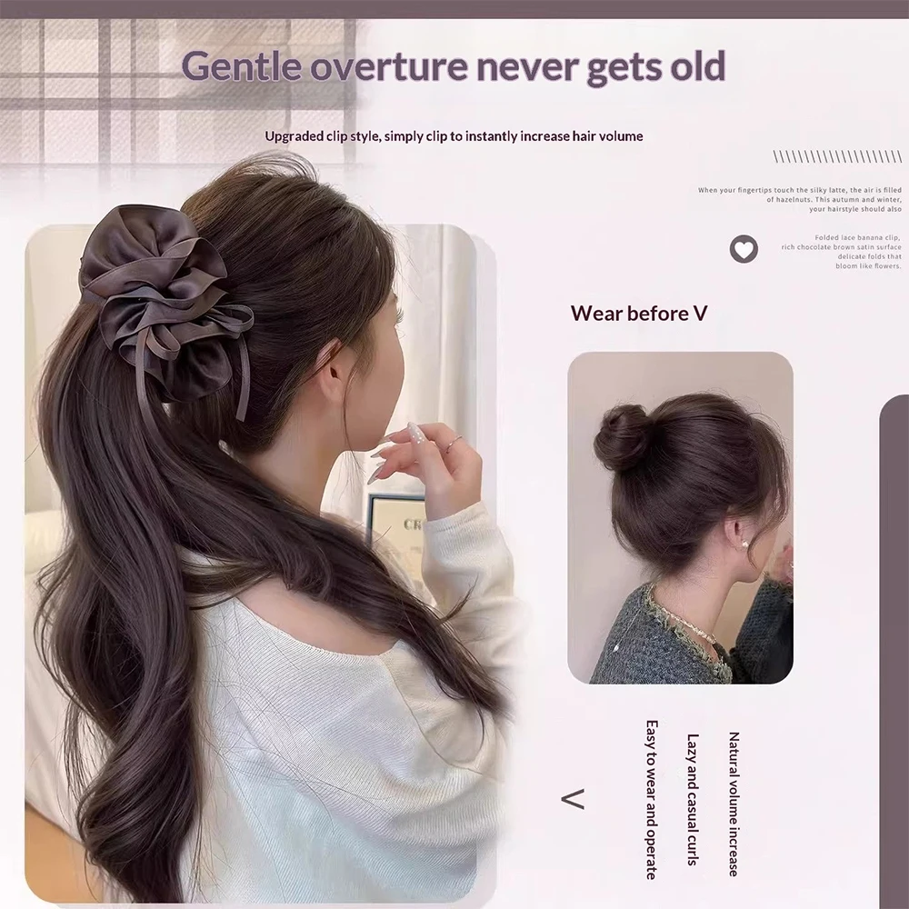 Synthetic Long Wavy Curly Claw Ponytail with Bowknot Hairpin Clip in Hairtail Extension Synthetic Ponytail Hair for Women