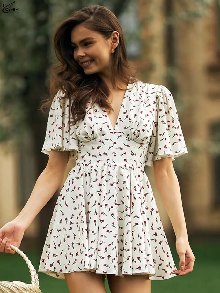 

Oymimi Elegant Beige Print Womens Dresses Fashion V-Neck Short Sleeve High Waist Dresses Casual Pleated Mini Dress Streetwear