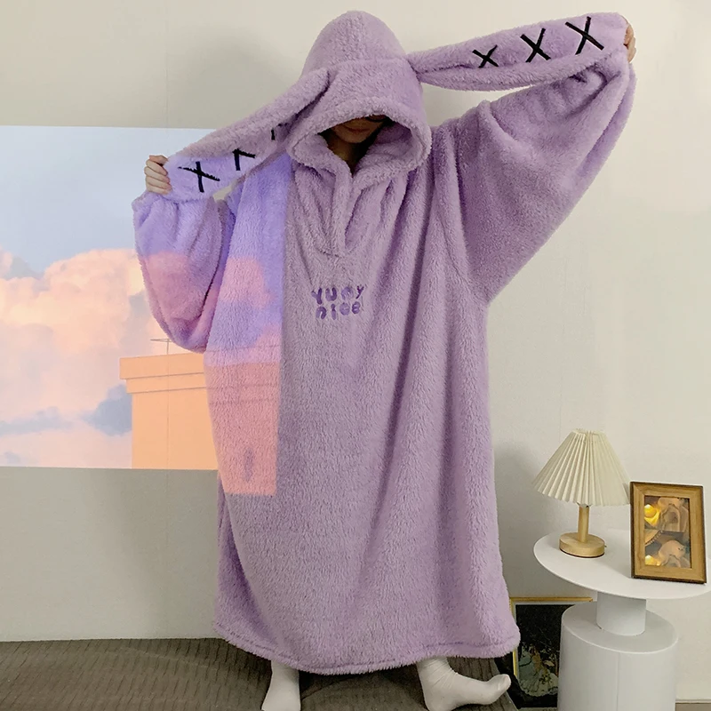 Women's Velvet Nightgown Pajamas Winter Hoodie Dress Up Party Funny Robe Sleeping Homewear Cartoon Long Eared Rabbit Loose