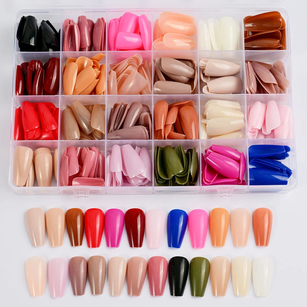 576pcs/box Glossy Medium Coffin Press On Nails 24 Colors Full Cover Ballerina Fake Nails Acrylic Artificial False Fingernail Dec