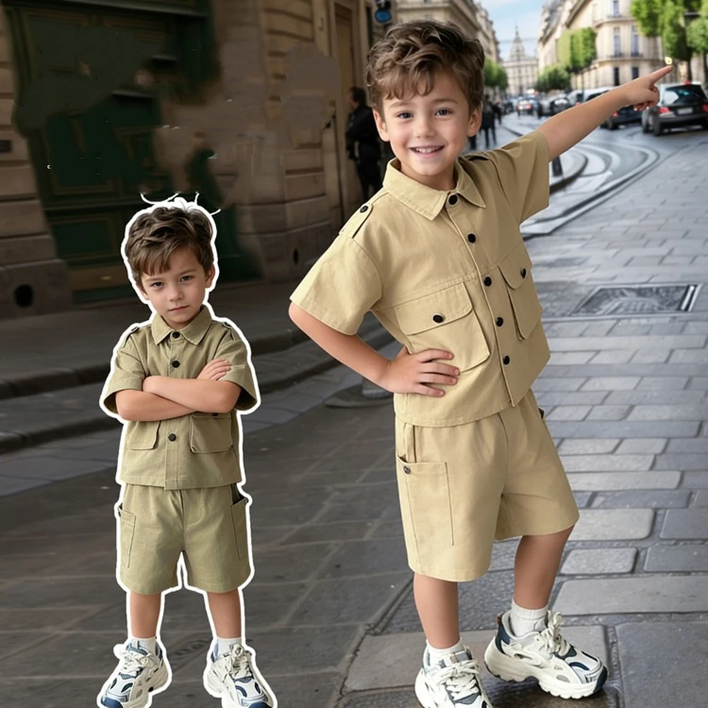 2026 Summer New Boys Suit Child Buttons Shirt Cargo Shorts Multi-pocket Workwear Suit Kids Short Sleeve Shorts Cotton Set