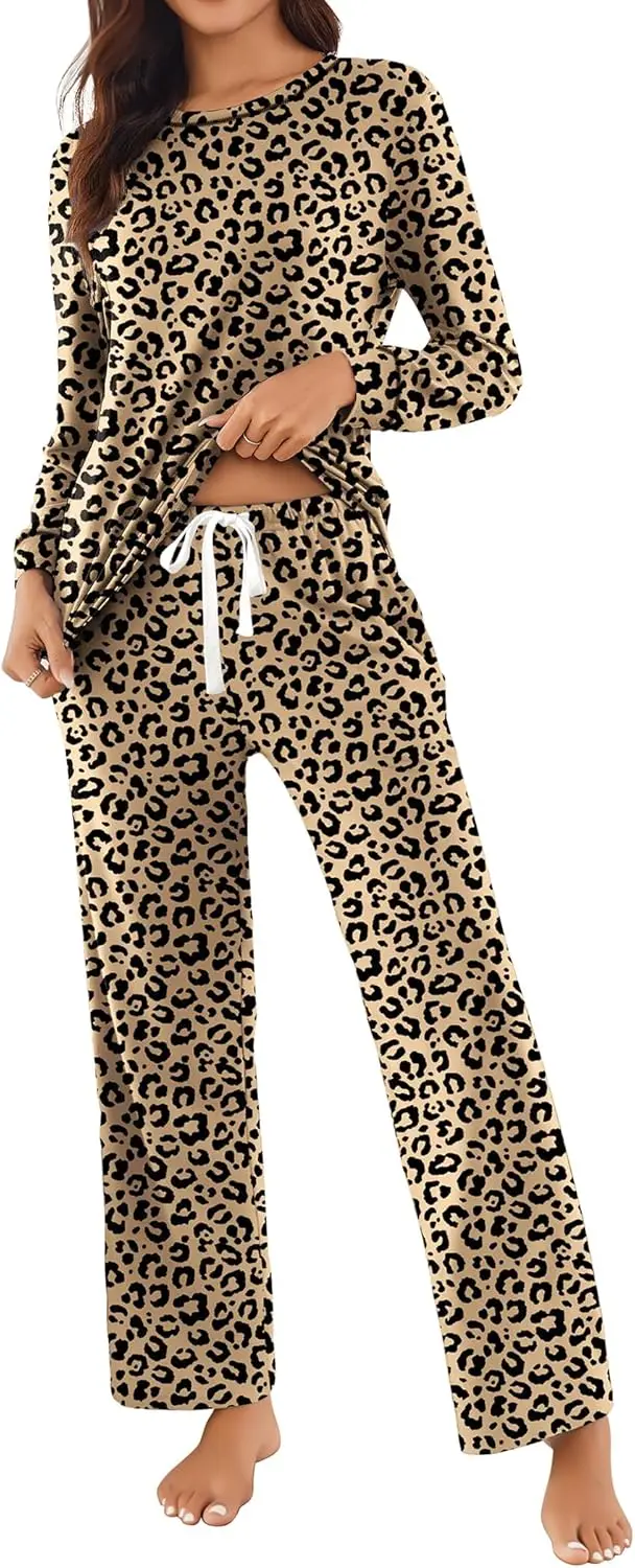 

Ekouaer женский пижамный комплект из 2 предметов, пижамы с длинными рукавами и клетчатыми брюками, комплект одежды для сна с эластичной резинкой на талии и шнурком