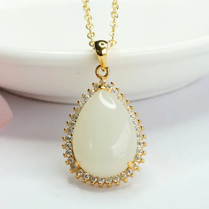 

S925 Silver Teardrop Pendant Natural Hetian Jade Gemstone Necklace HT3082205