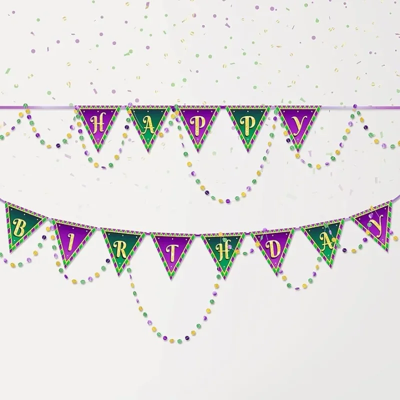 

Green Purple Gold Happy Birthday Pennant Banner Paper Bead Garland Backdrop for Mardi Gars Birthday Party Decorations Supplies