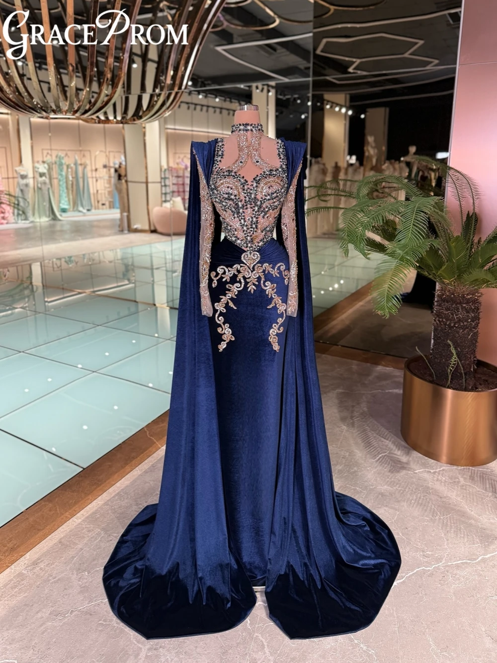 

New Gorgeous Sparkling Crystal Velvet Evening Dress Illusion Long Sleeved Wedding Party Gown Customized Stunning Prom Dresses