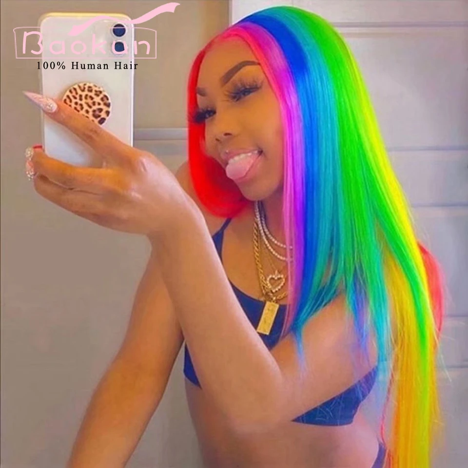 Rainbow Color 13x4 Straight Lace Front Wigs Human Hair Red Green Blue Purple Highlight Wig Transparent 13x6 HD Lace Frontal Wig