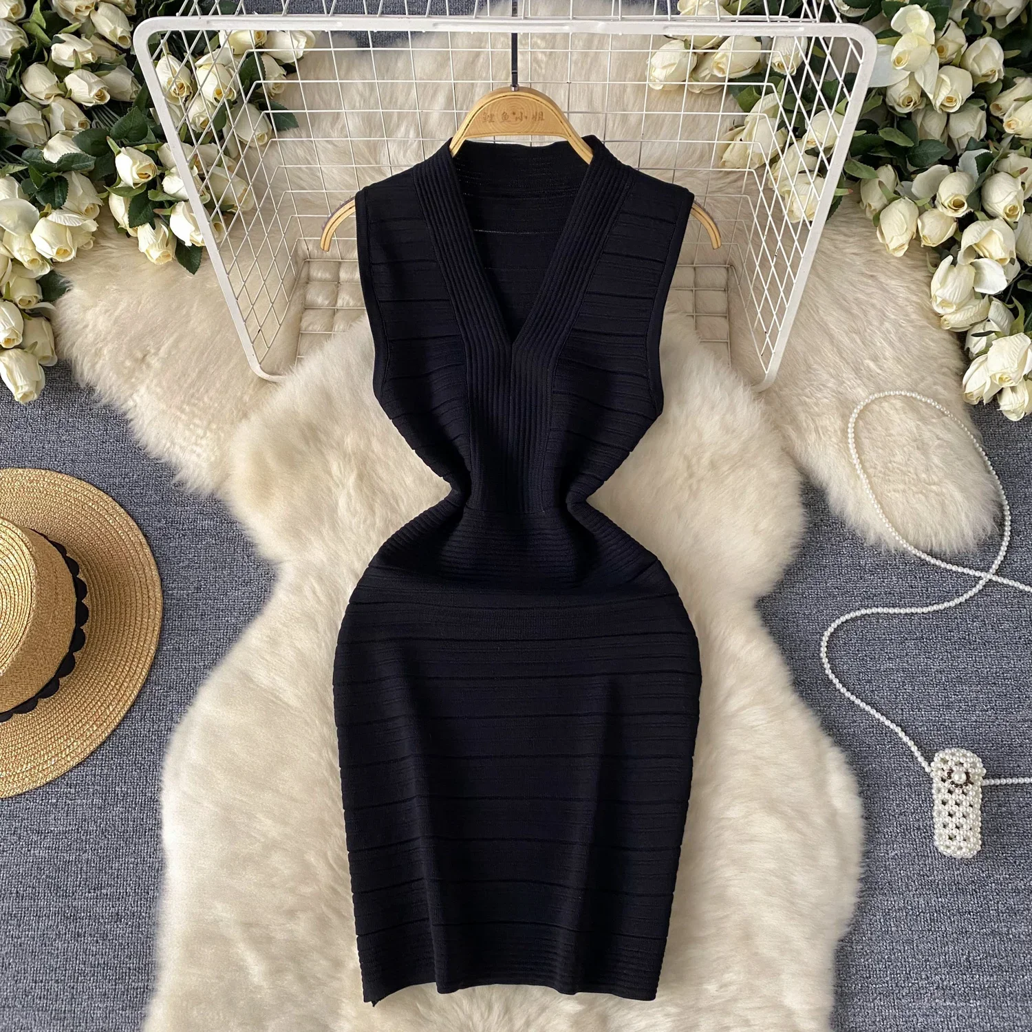 Summer New Bodycon Basic Women Knitting Dress Sleeveless V Neck Tank Ladies Elastic Waist Solid Streetwear Dresses