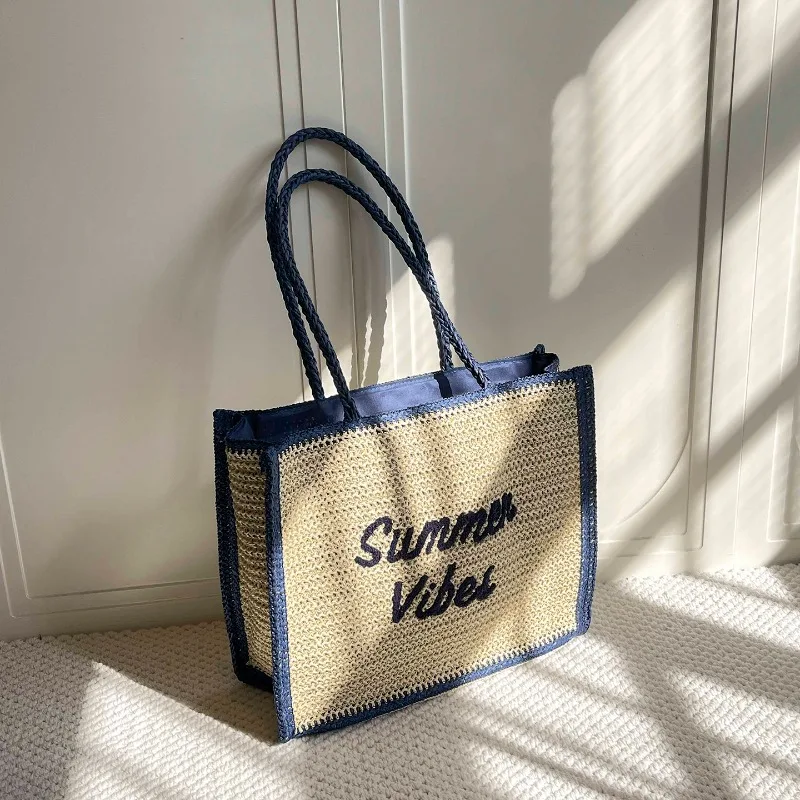 

Женская соломенная сумка-тоут с буквенным принтом, большая вместимость, модный богемный стиль, летняя дорожная сумка через плечо, для пляжного отдыха и шопинга