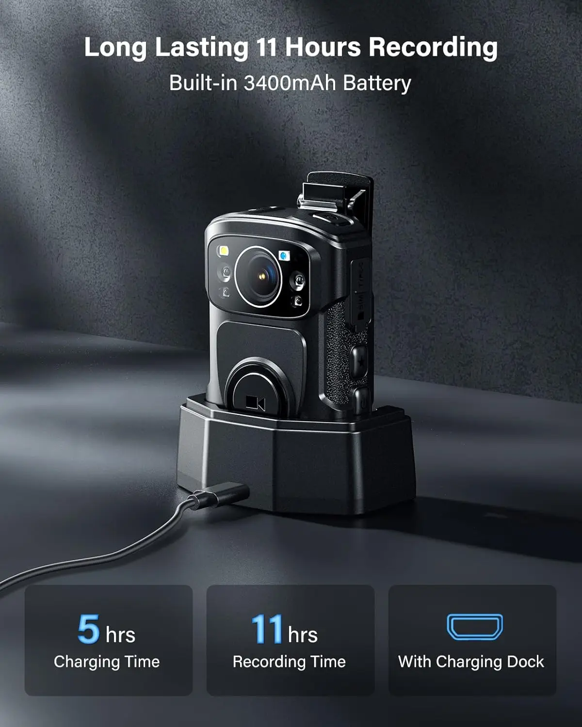 BOBLOV B4K5 4K 바디 캠, IP68 GPS 바디 착용 카메라, 128GB 경찰 카메라, 2160P 비디오 레코드 충전 독, 나이트 비전 바디 카메라 썸네일 3