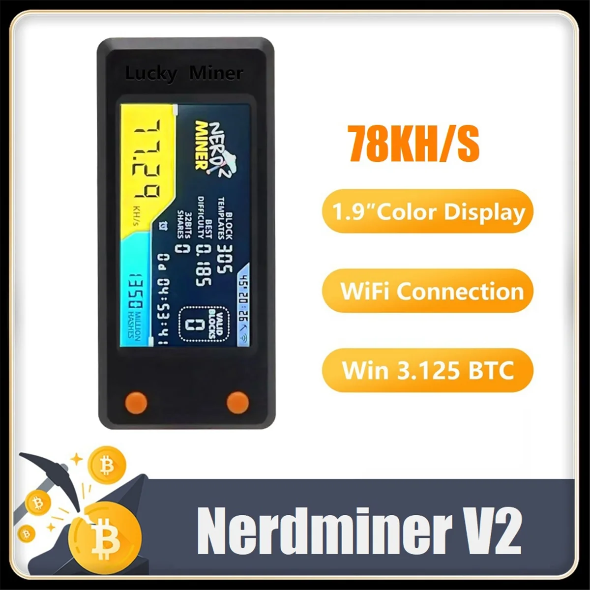 رائجة البيع Nerdminer V2 78KH/S BTC منفرد اليانصيب مينر مع شاشة الكريستال السائل بيتكوين BTC التشفير مينر ASIC التعدين مينر الصامت