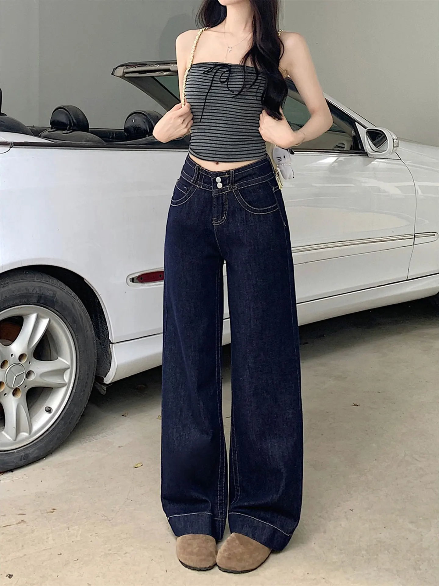 

American High Street Distressed Wide Leg Jeans Women's High Waist Double Button Pleated Straight Long Pants Denim Blue
