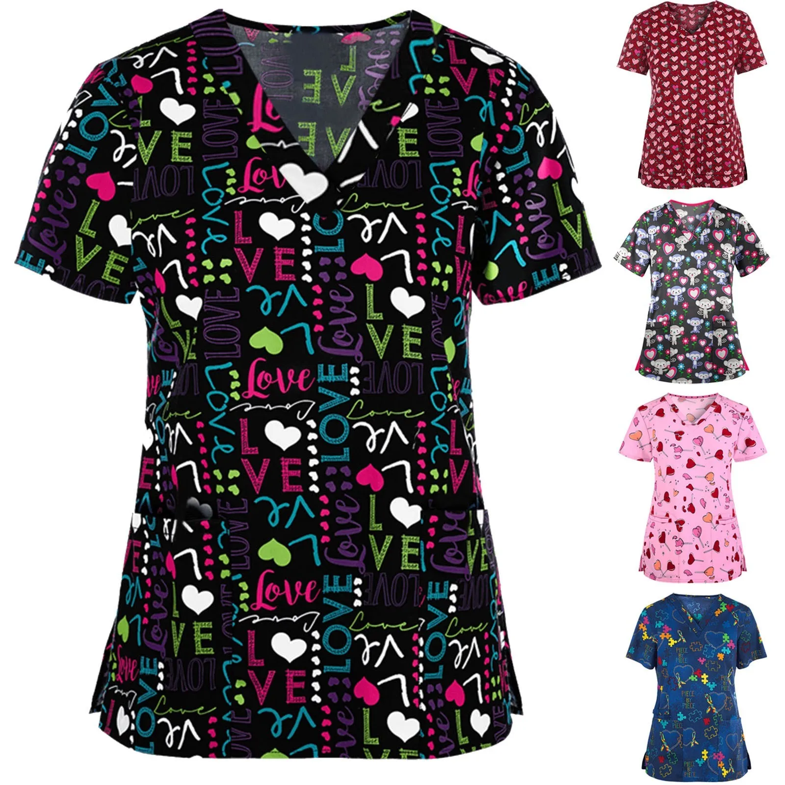 レディース半袖VネックワークTシャツ 可愛い漫画プリント柄トップス ゆったり大きいサイズ 快適ポケット 看護師ユニフォーム S-5XL