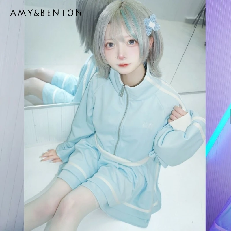 اليابانية Harajuku الحلو فتاة باردة الوقوف طوق سترة قصيرة وتنورة مطوي قطعتين مجموعة المرأة القوطية ثقافة فرعية الموضة