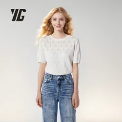 YG 2024 Summer New Rayon O-neck Short sleeved T-shirt for Women's Fashion Versatile Thin Knitted Top Simple and Elegant