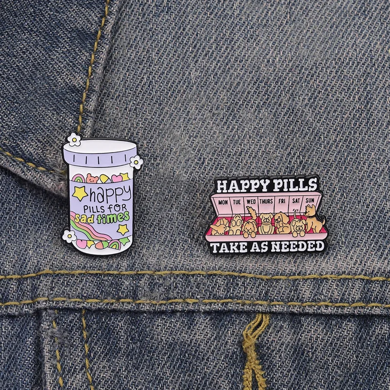 Cartoon Pharmily Theme Happy For Sad Times Badge Brooch Pins Cute Pills Cans Boxes Enamel Lapel Pin Accessory On Backpack Clothi
