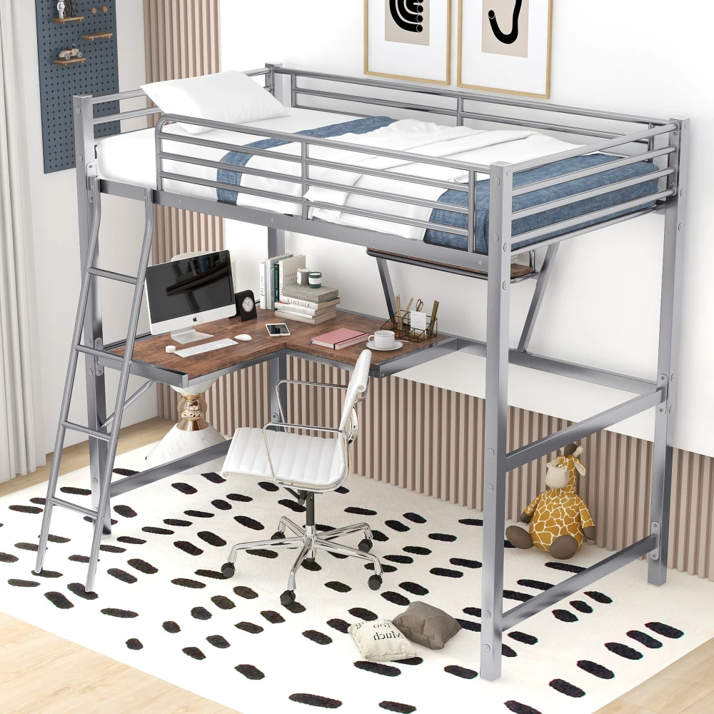 Children Beds Twin Size Loft Metal MDF Bed Desk and Shelf Silver Bed for Boys Bunk Beds for Kids Baby Furniture Girls Bed US