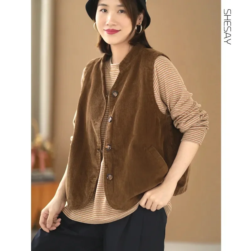 Lady Large Size 5XL Striped Velvet Waistcoat  Autumn Female Stand Collar Double-deck Vest Coat Women Corduroy Sleeveless Jacket