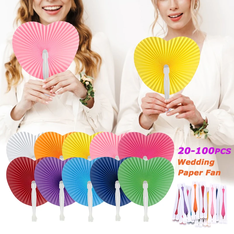 20-100Pcs Multicolor Wedding Folding Paper Fan Heart-Shaped Handheld Fan Gift for Guests DIY Painting Outdoor Decor Photo Taking