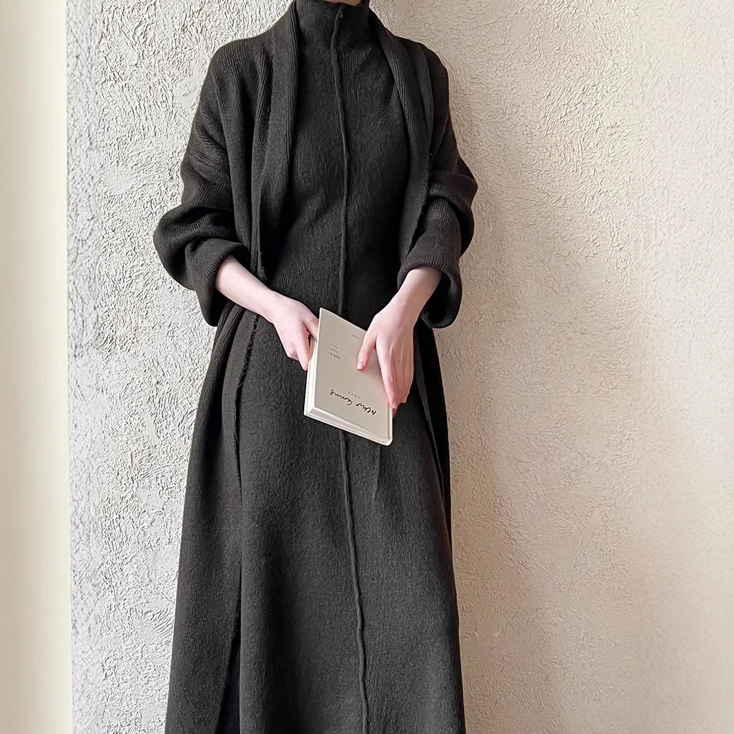 Patchwork Cardigan For Women Long Coat And High Neck Dress Set Long Sleeve Two Piece Loose Fit Casual Autumn Winter view 4