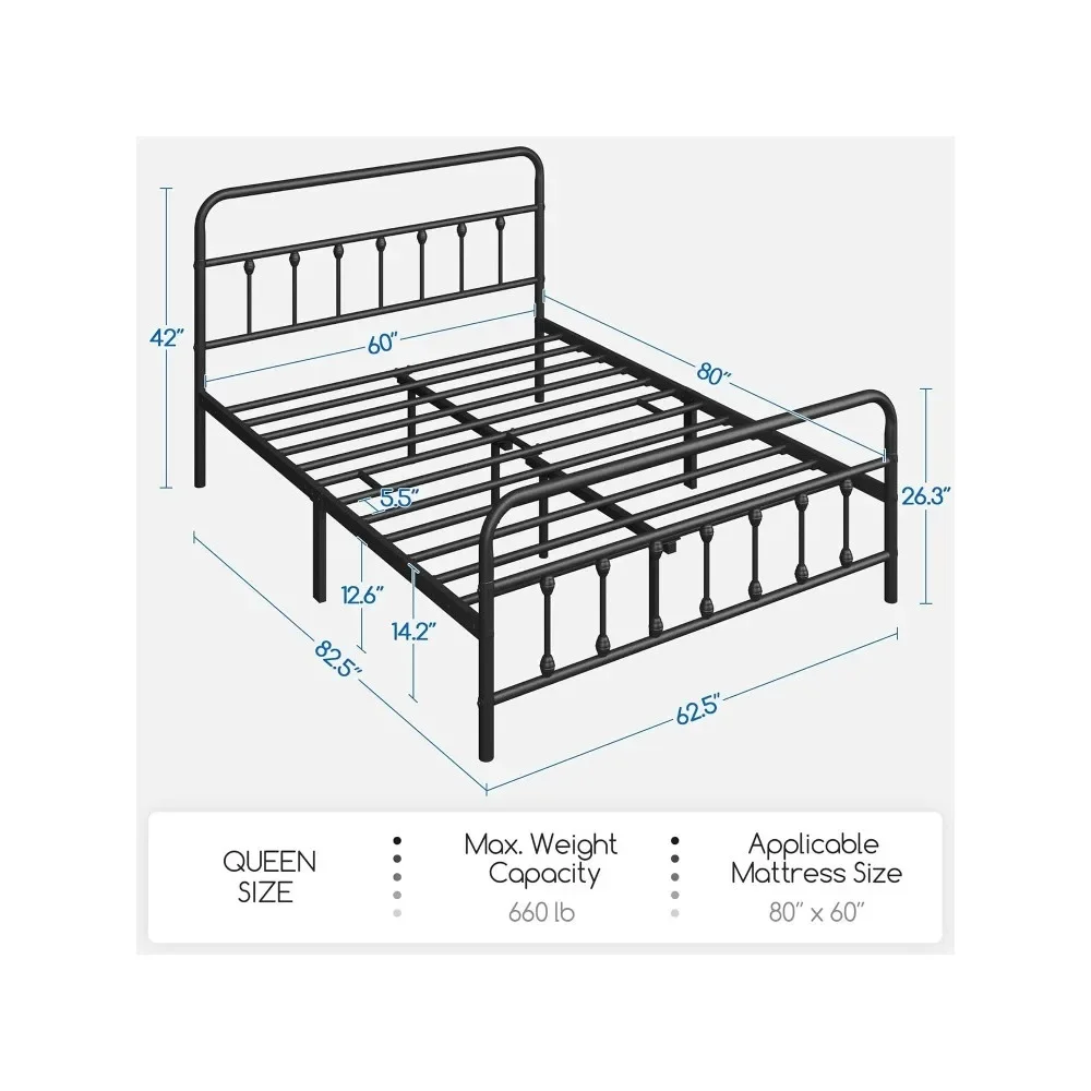 Cadre de lit à plateforme en métal classique, base de matelas, planche de sauna en fer, repose-pieds, rangement sous le lit, style victorien