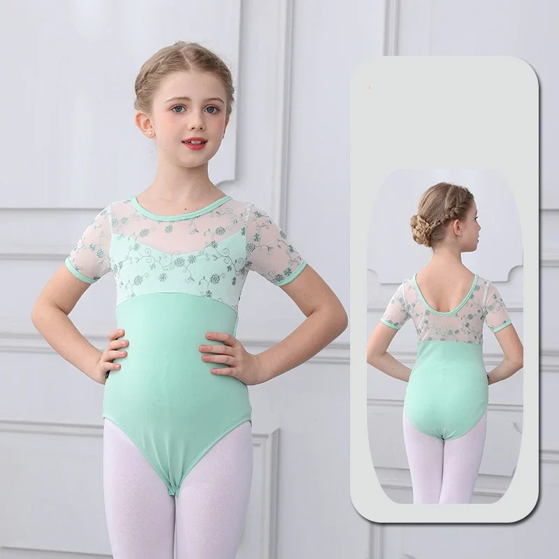 

New Child Girls Ballet Floral Leotard Short Sleeve Bodysuit Tops Dancewear Flowy Embroidery Mesh Leotard Costumes