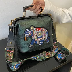 Borse da medico con elefante ricamato vintage Borsa da donna con tracolla larga in pelle PU Borsa a tracolla con tracolla Designer Tote Borse da donna