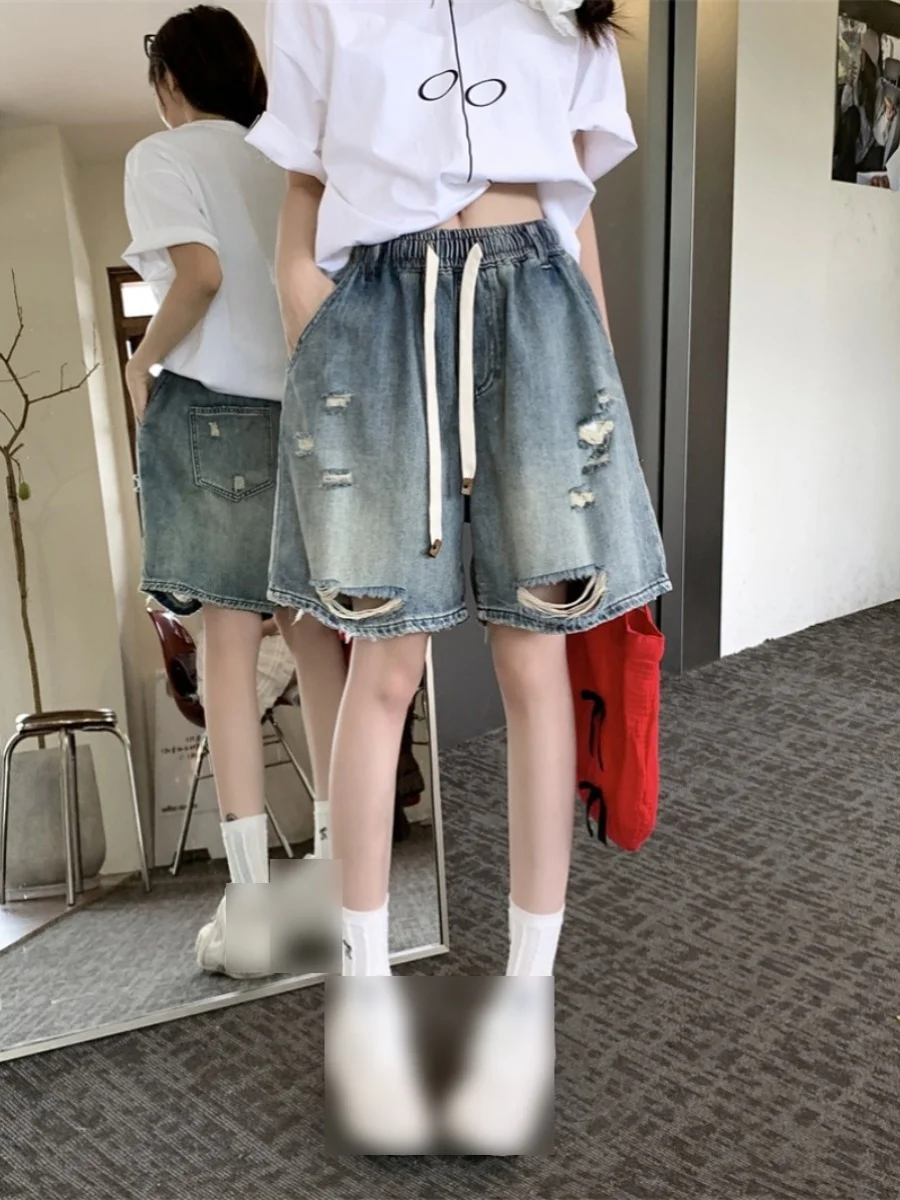 

Large Size Vintage Denim Shorts Women's Summer Loose Concealing Rope Straight Leg Wide Leg Hole Punching Pants High Waist