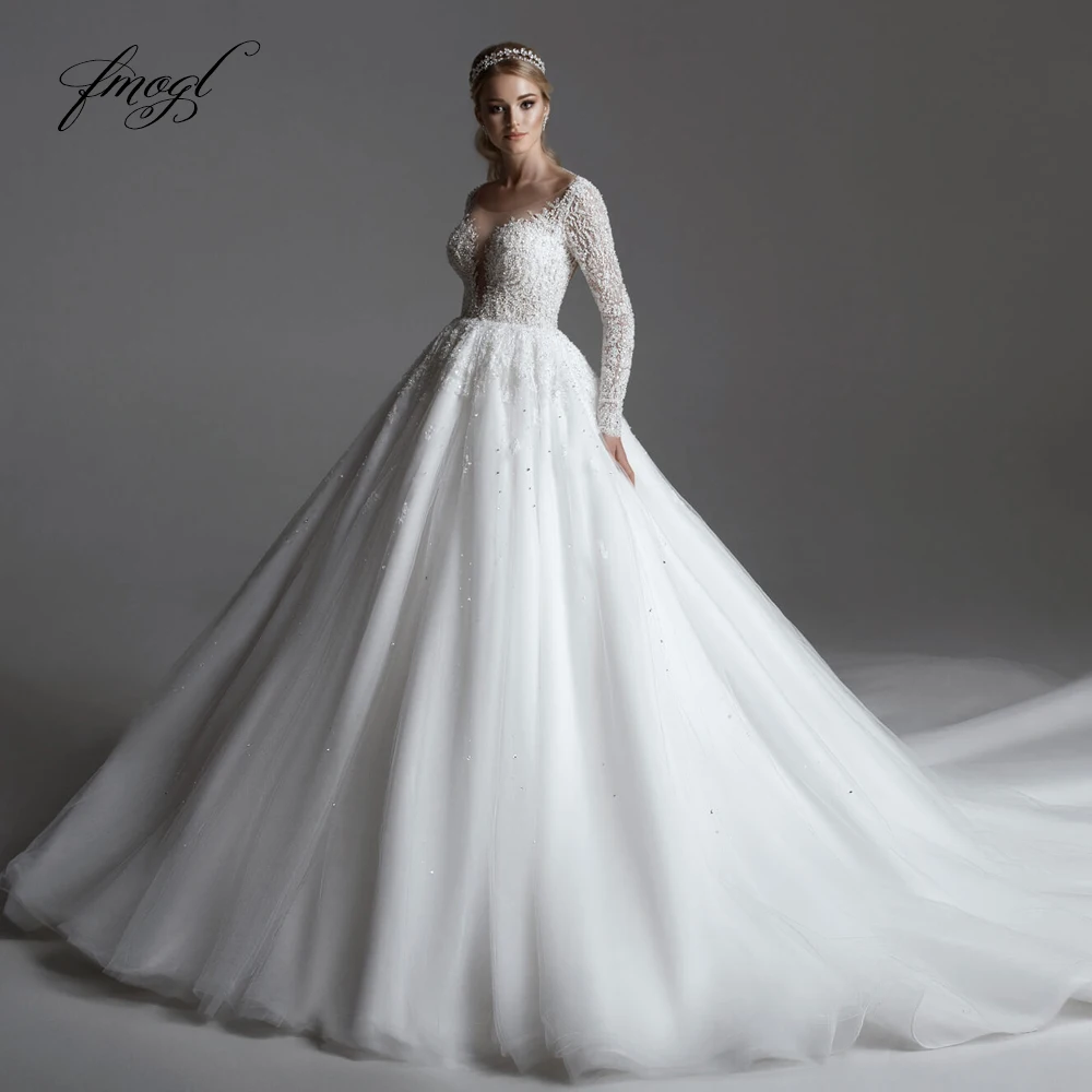 

Fmogl Ball Gown Vintage Wedding Dresses Sweetheart Long Sleeve Vestido De Novia Lace Beaded Delicate Backless Bride Dress